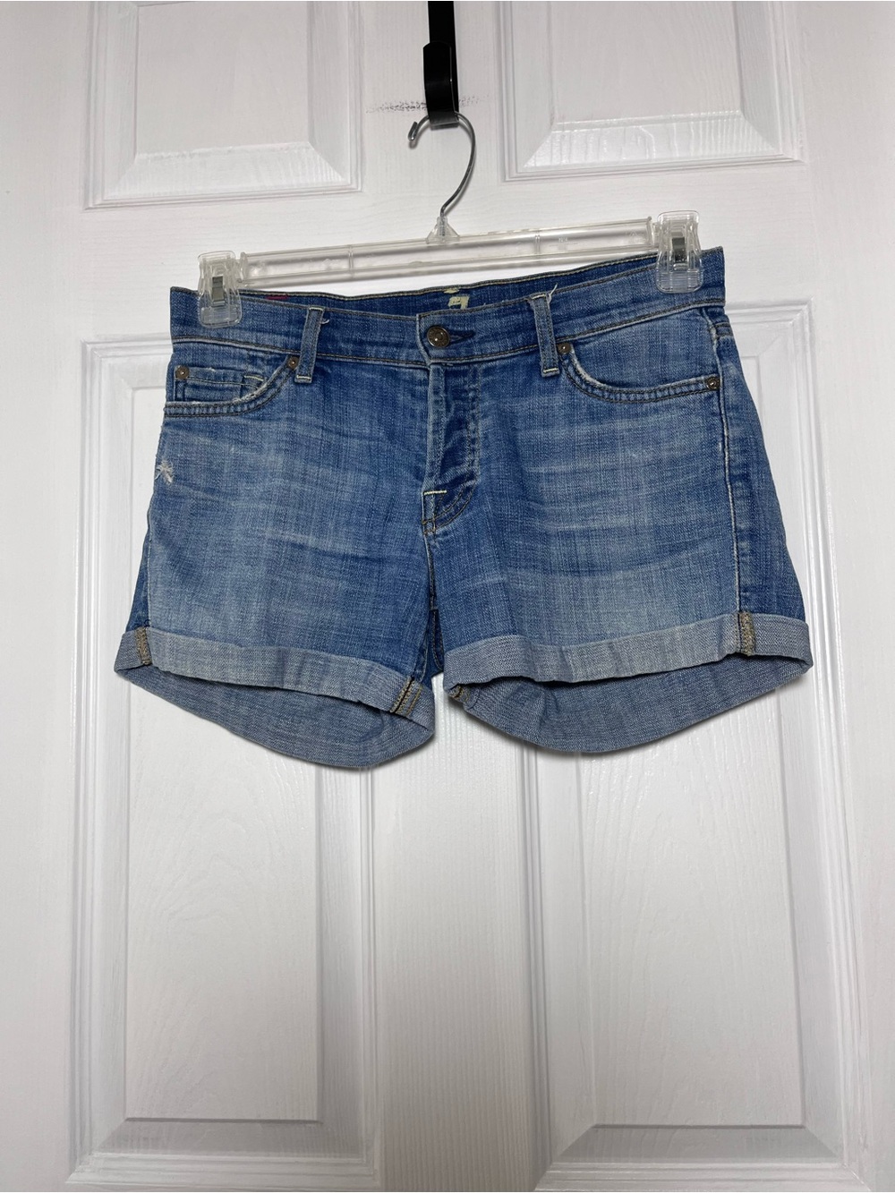 7 For All Mankind Low Rise Light Blue Cuffed Hem Denim Shorts